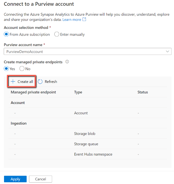 Create managed private endpoint for your connected Microsoft Purview account.