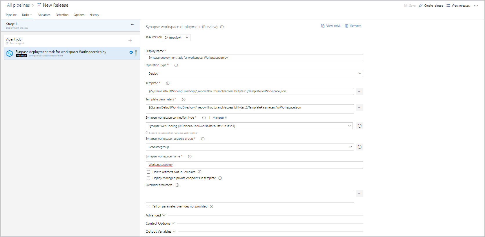 Screenshot that shows setting up the Synapse deployment task for the workspace.