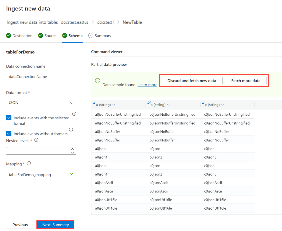 Screenshot of schema tab in ingest new data to Azure Synapse Data Explorer with Event Hub in the one click experience.