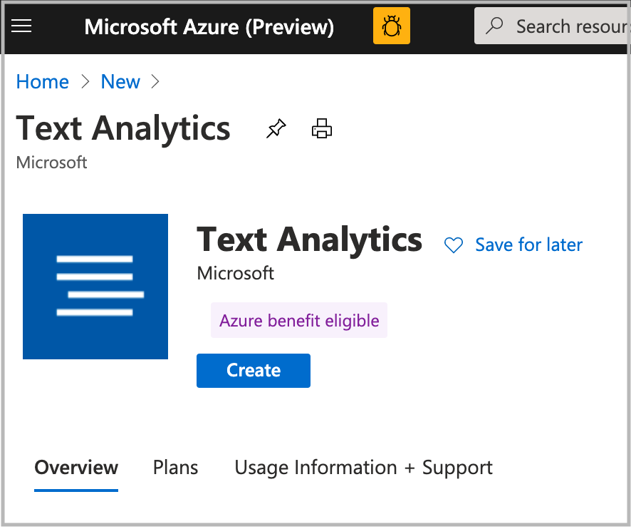Screenshot that shows Text Analytics in the portal, with the Create button.