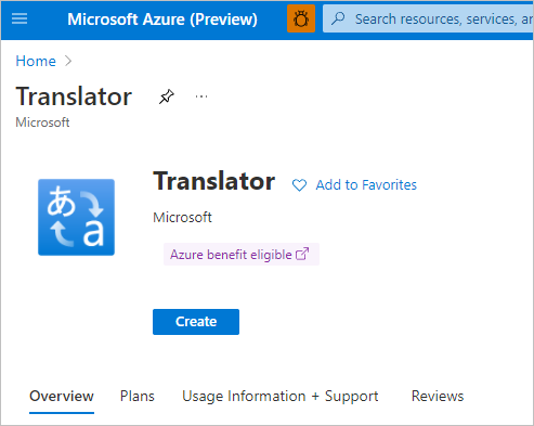 Screenshot that shows Translator in the portal, with the Create button.