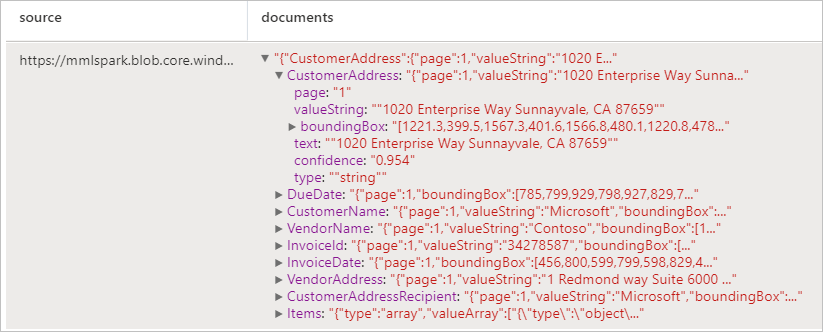 Screenshot of the expected results from analyzing the example invoice.