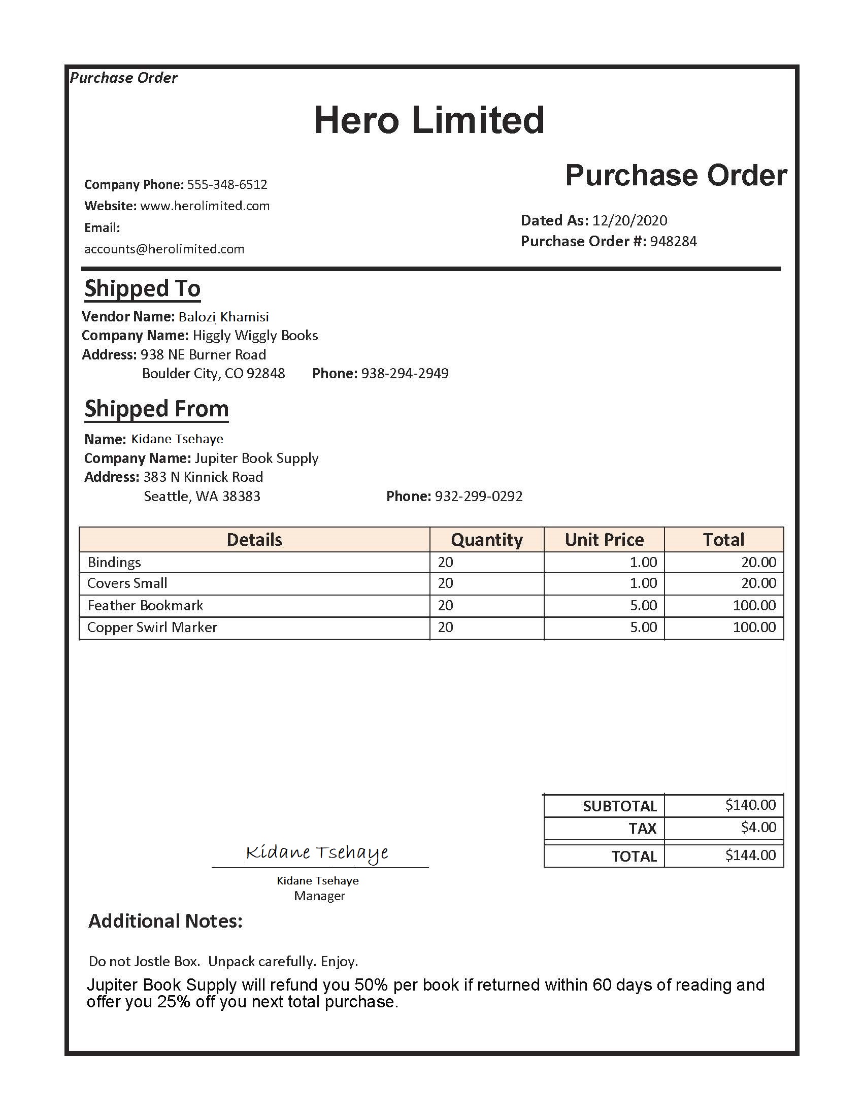 Photograph of an example purchase order.