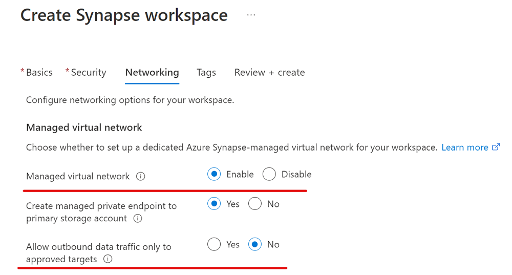 Screenshot that shows how to create an Azure Synapse workspace that allows outbound traffic.