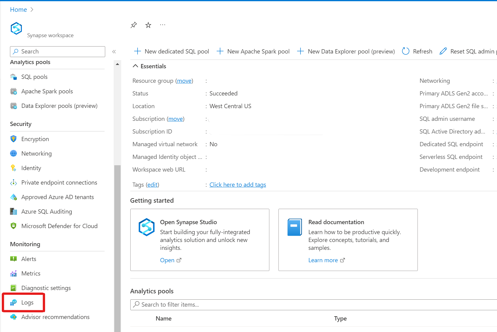 Screenshot that shows where to go to get to the Logs tab to create a new log in the Azure portal.