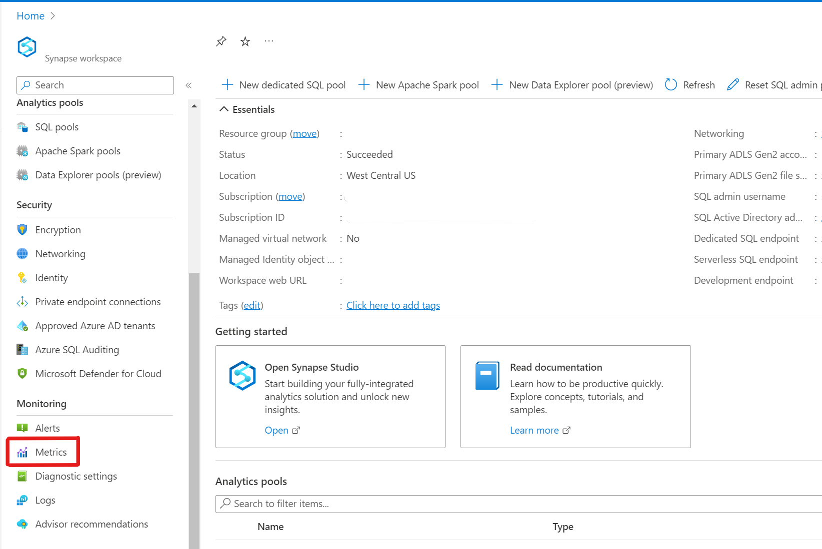 Screenshot that shows where to go to get to the Metrics tab to create a new metric in the Azure portal.