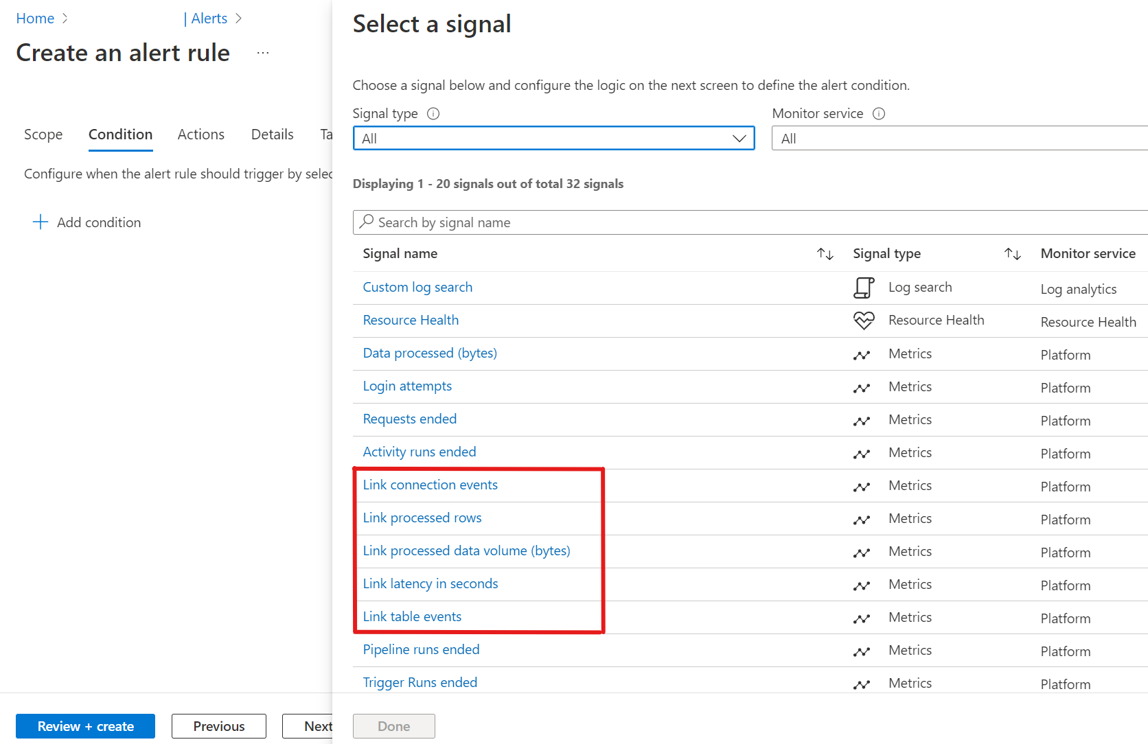 Screenshot that shows how to select one of the Link signals.