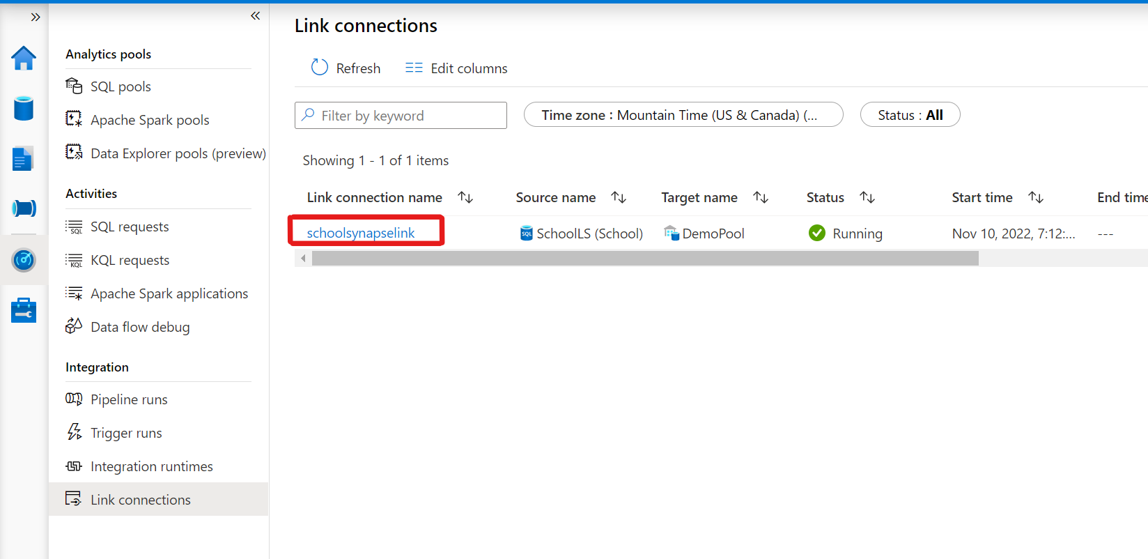 Screenshot of clicking on an Azure Synapse Link connection.