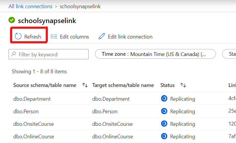 Screenshot that shows where to press the Refresh button to refresh the statuses and details of the tables under a particular Azure Synapse Link connection.