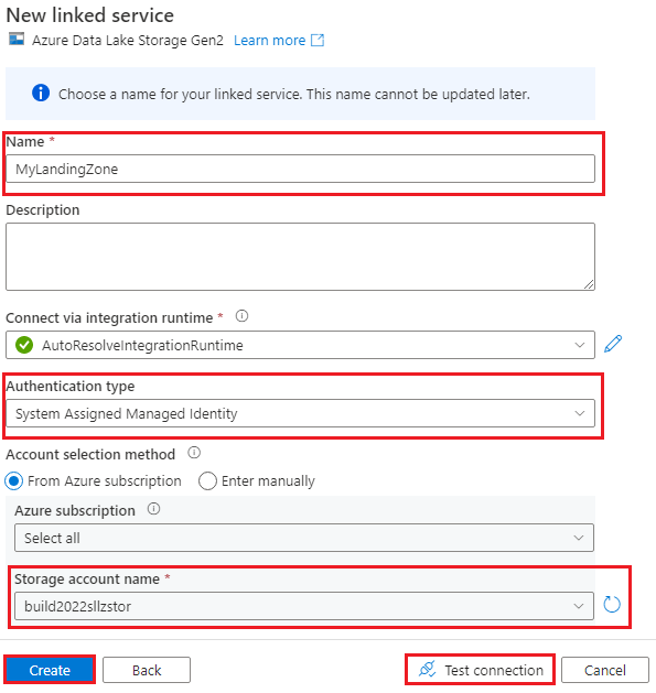 Screenshot that shows the new linked service to Azure Data Lake Storage Gen2.