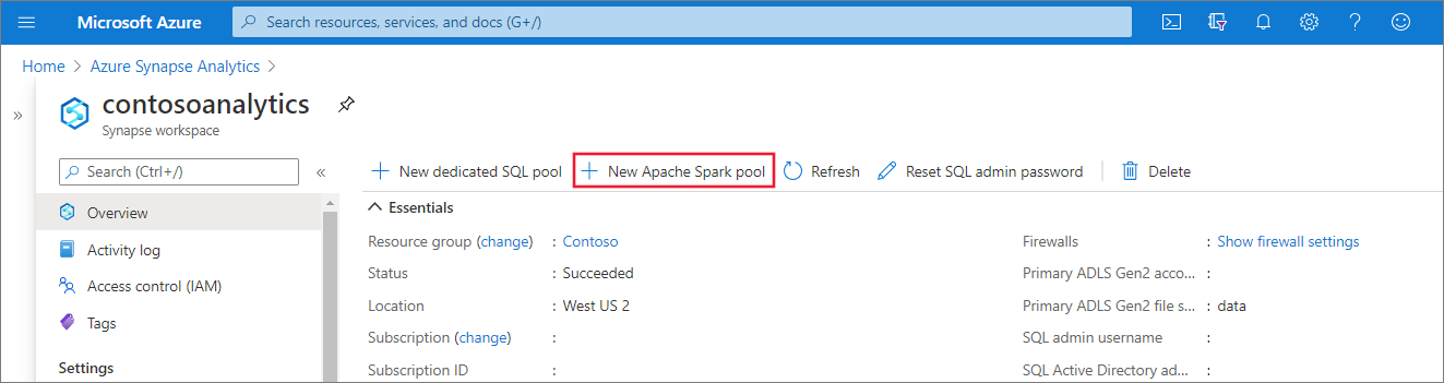Overview of Synapse workspace with a red box around the command to create a new Apache Spark pool