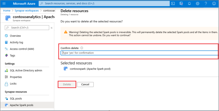 Confirmation dialog to delete the selected Apache Spark pool.