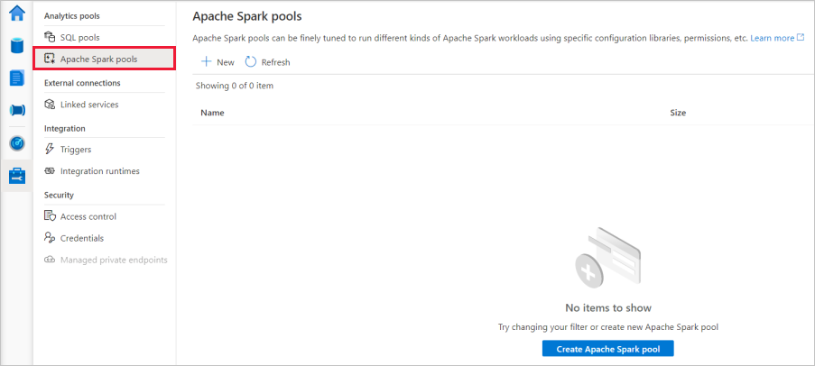 Synapse Studio management hub with Apache Spark pools navigation selected
