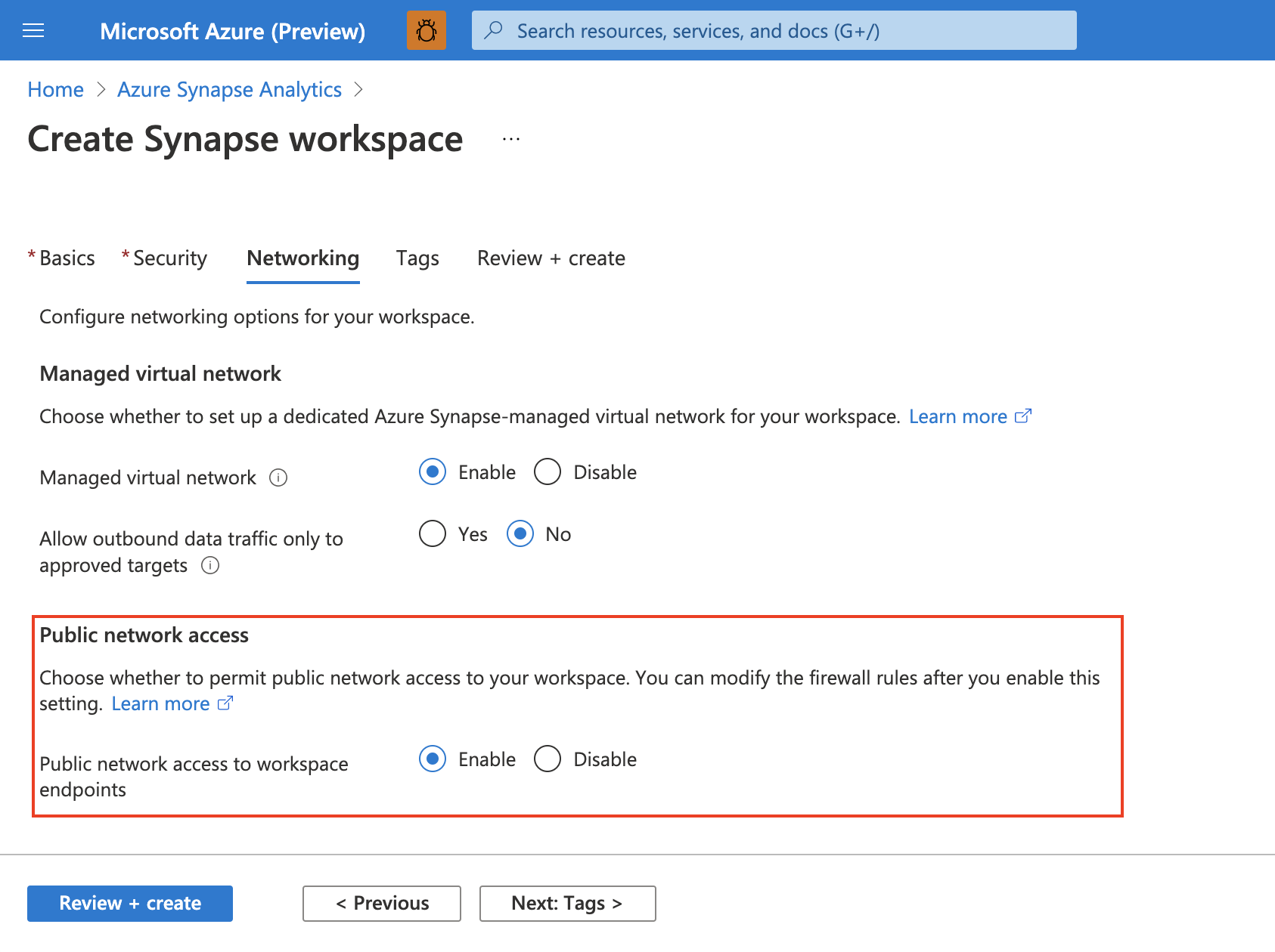 Create Synapse workspace, networking tab, public network access setting