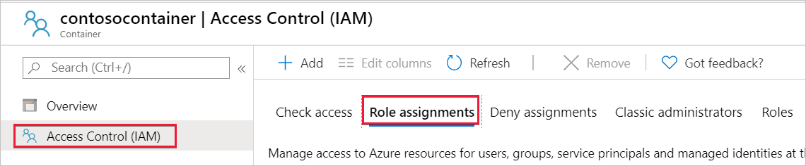 Screenshot of the Role Assignments button in the Azure portal, used to verify role assignment.