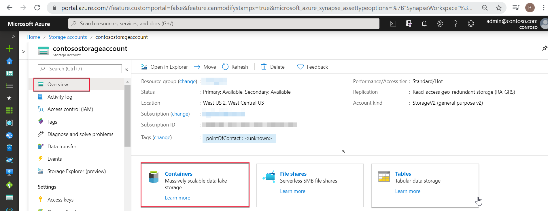 Screenshot of the Azure portal, of the Overview of the ADLS Gen2 storage account.