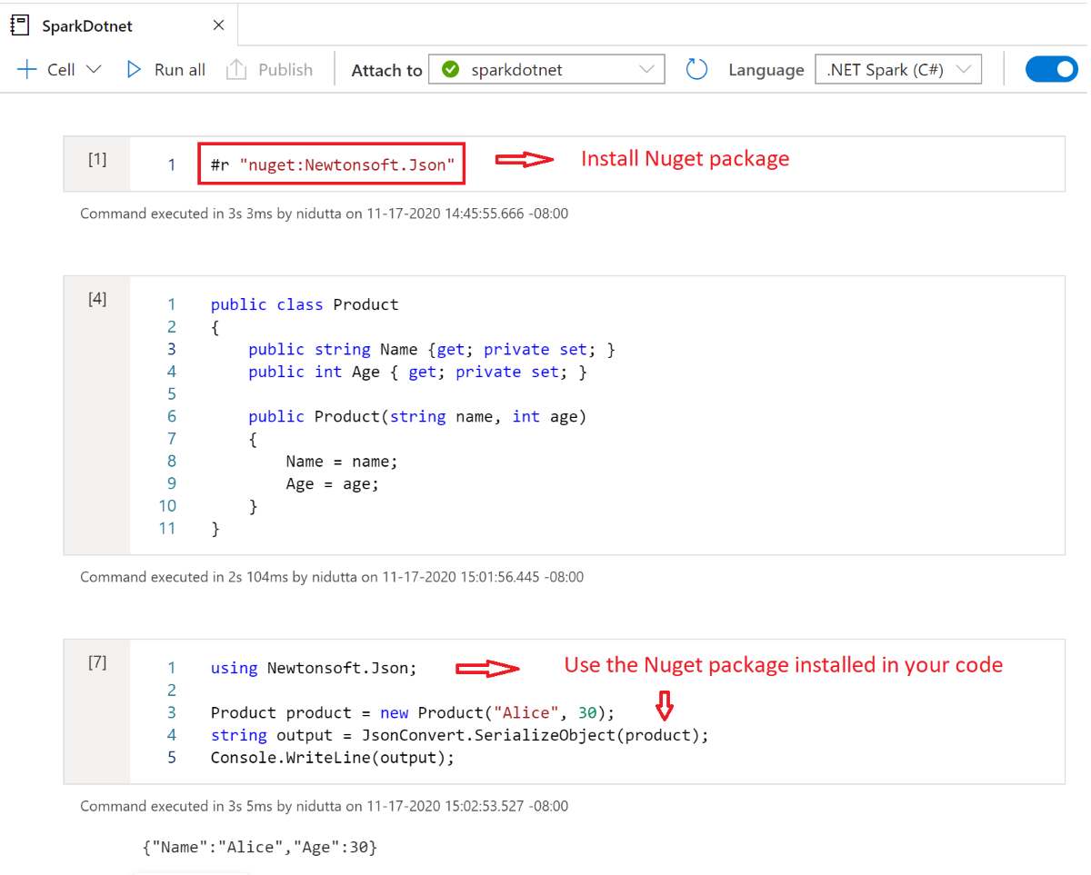 Screenshot that shows using #r to install a Spark .NET notebook NuGet package