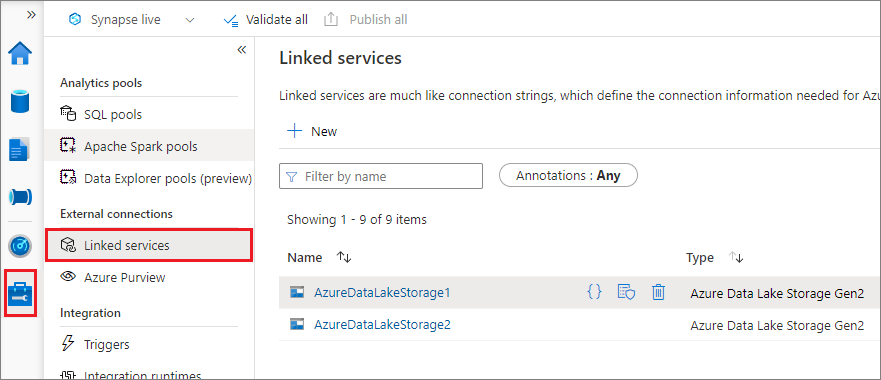 Screenshot of linked services.