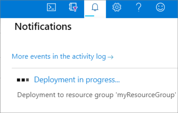 A screenshot of the Azure portal shows Notifications with Deployment in progress.