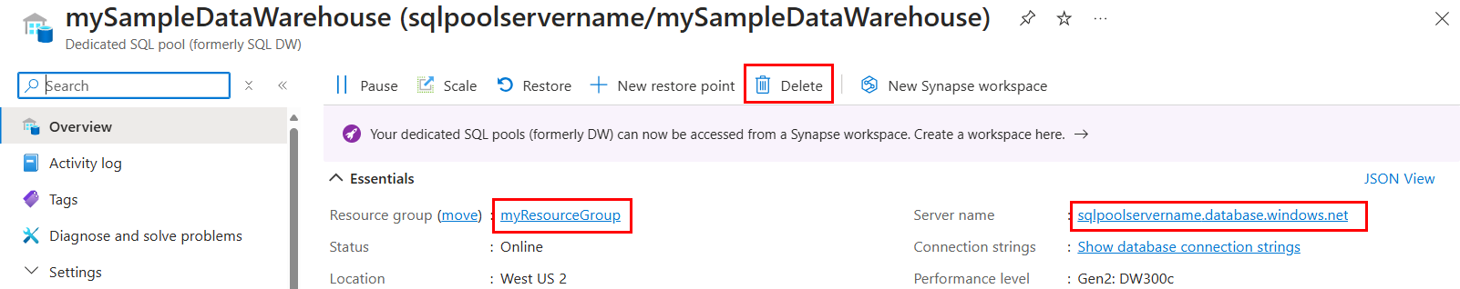 A screenshot of the Azure portal, the workload management page for a dedicated SQL pool. The Delete workload group option is highlighted.