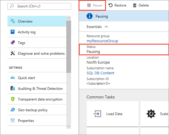 Screenshot shows the Azure portal for a sample data warehouse with a Status value of Pausing.