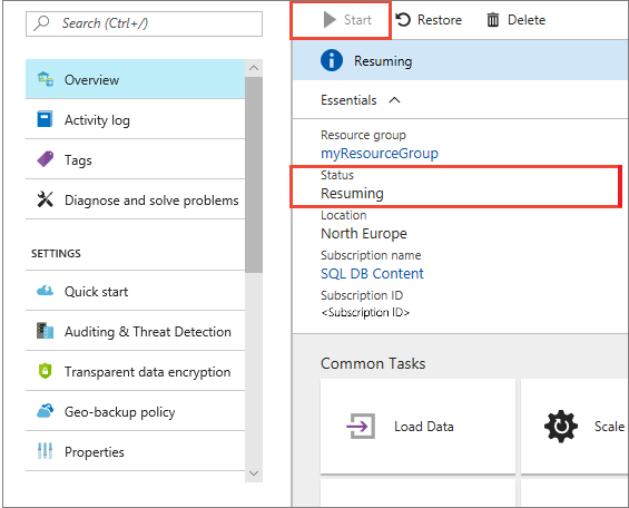 Screenshot shows the Azure portal for a sample data warehouse with the Start button selected and a Status value of Resuming.