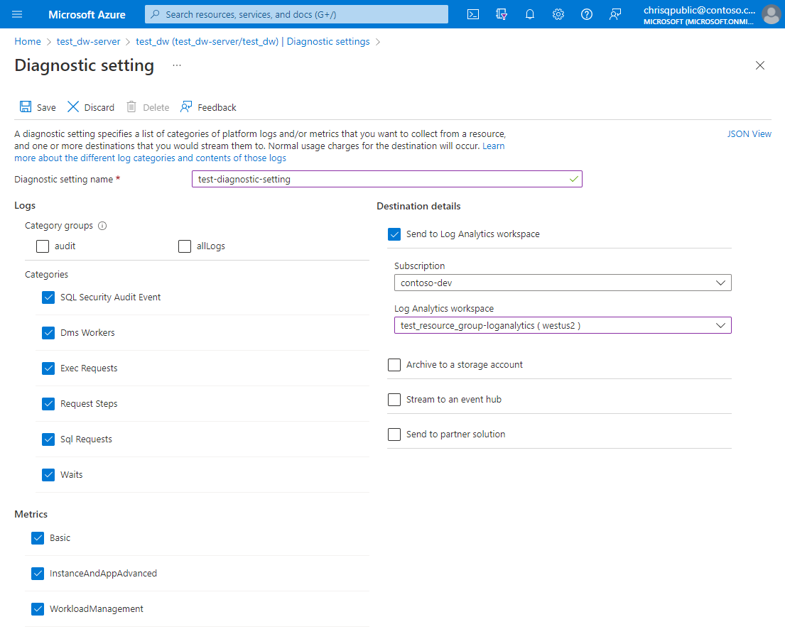 Screenshot of the page to specify which logs to collect in the Azure portal.