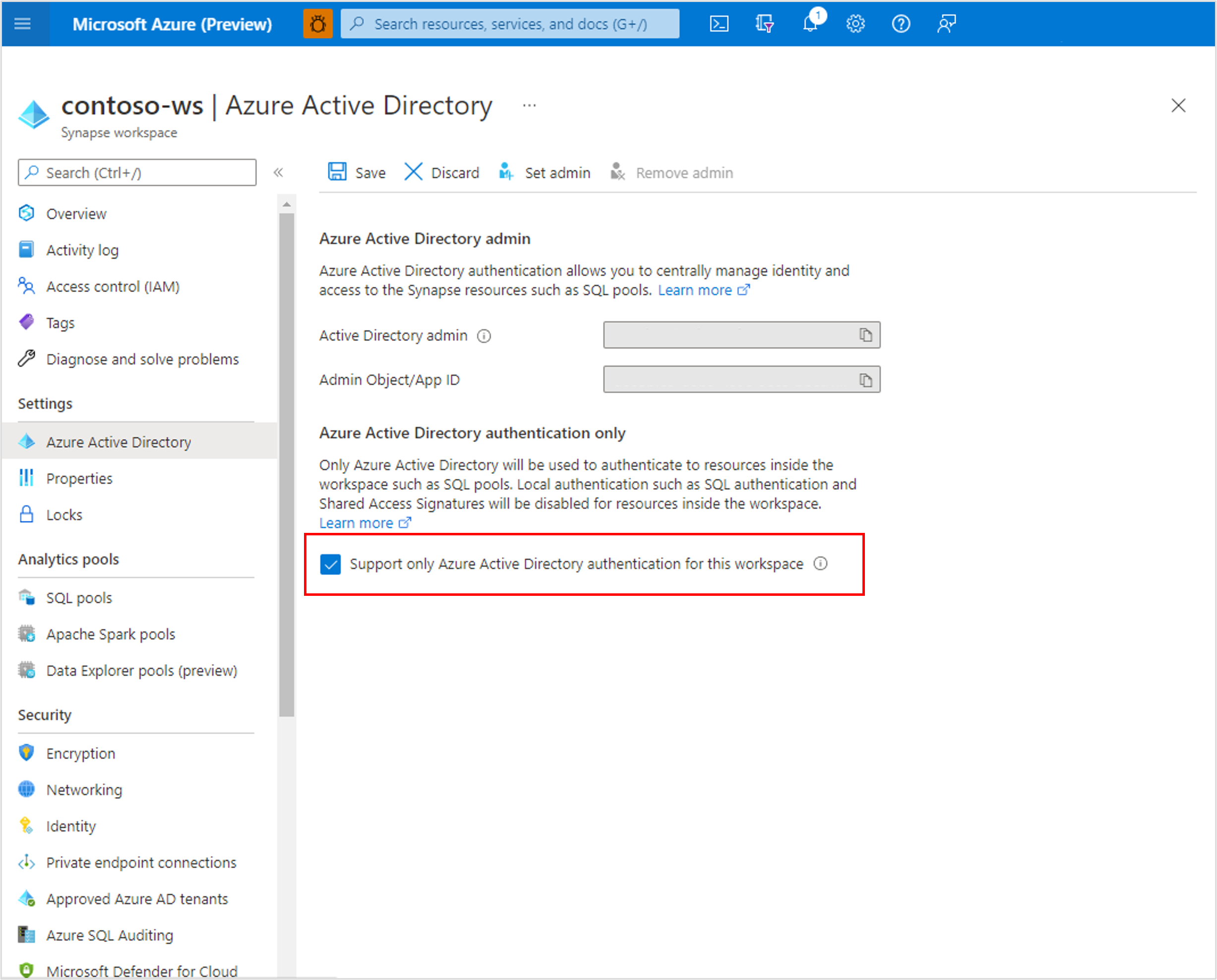 Microsoft Entra-only auth configuration after workspace creation