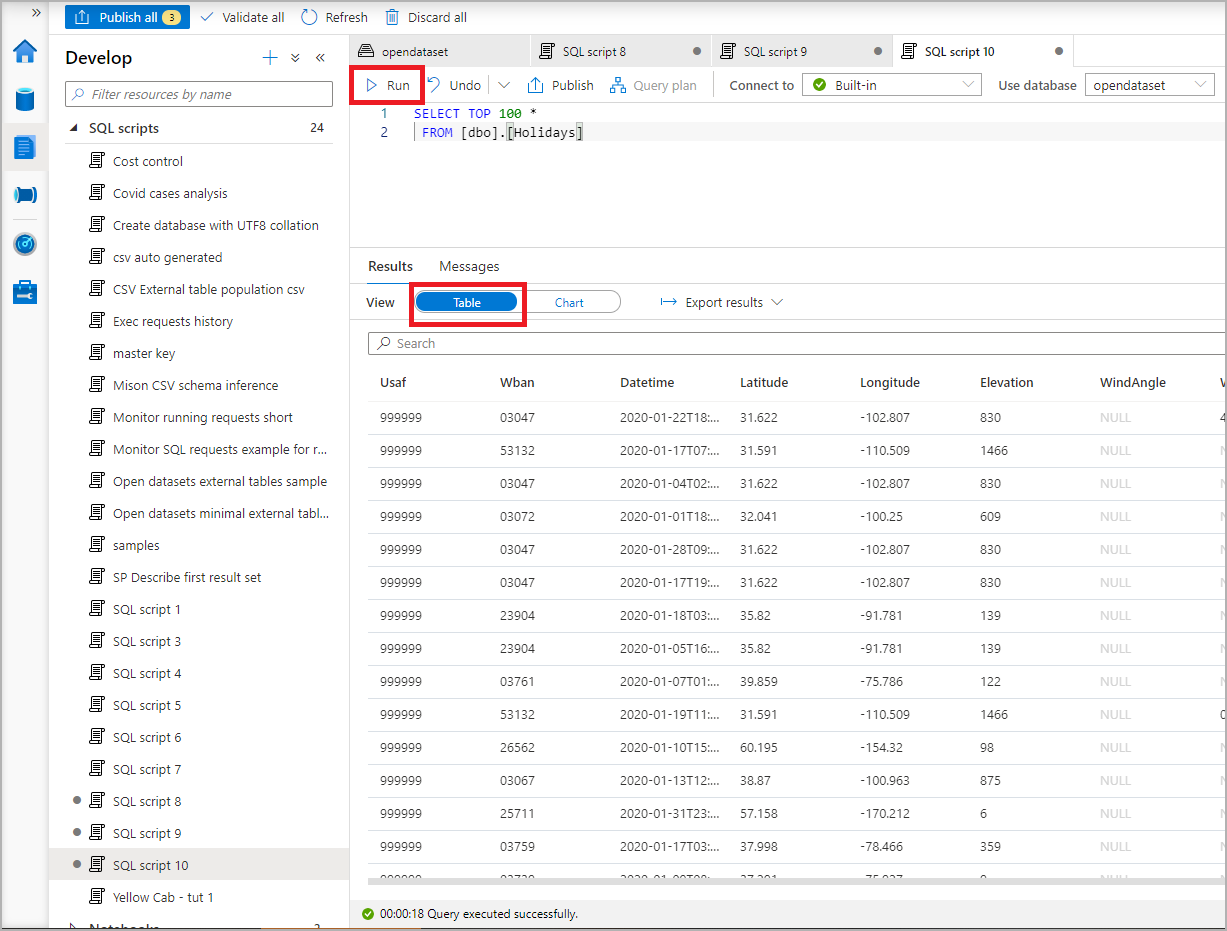 new sql script results table