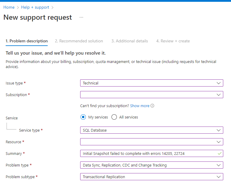 A screenshot of the Azure portal where a New support request has been prepared.