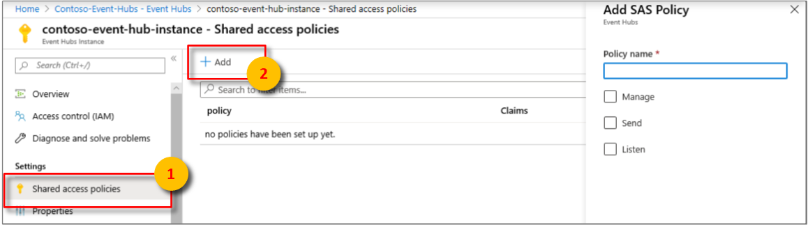 Select Shared access policies, and then select the Add button