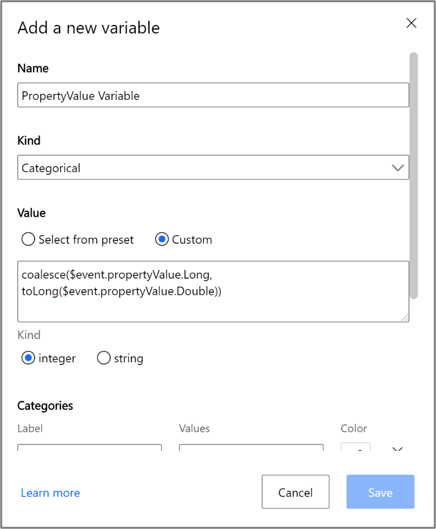 Screenshot shows the Add a new variable dialog box for the PropertyValue Variable with a custom value, categorical.