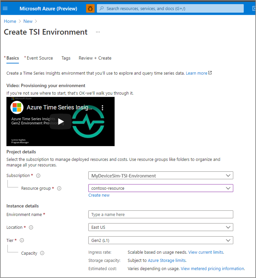 New Azure Time Series Insights environment configuration.