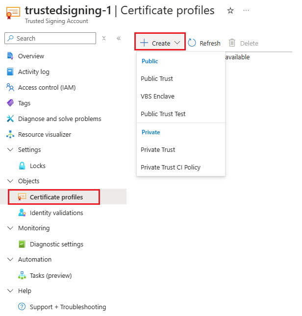 Screenshot that shows the Trusted Signing certificate profile types to choose from.