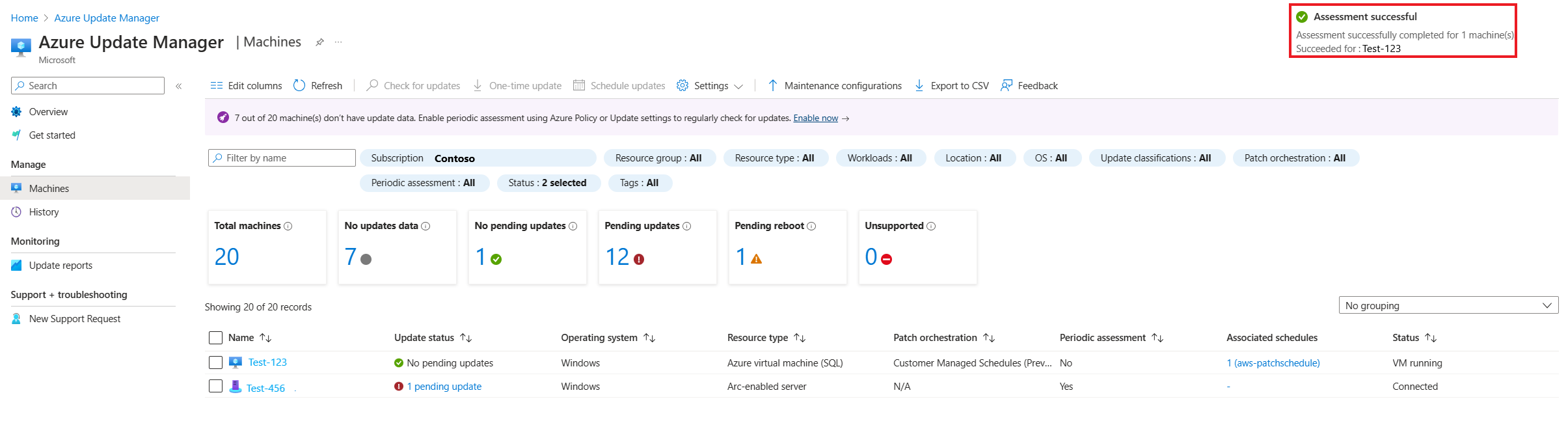 Screenshot that shows an assessment banner on the Manage Machines page.