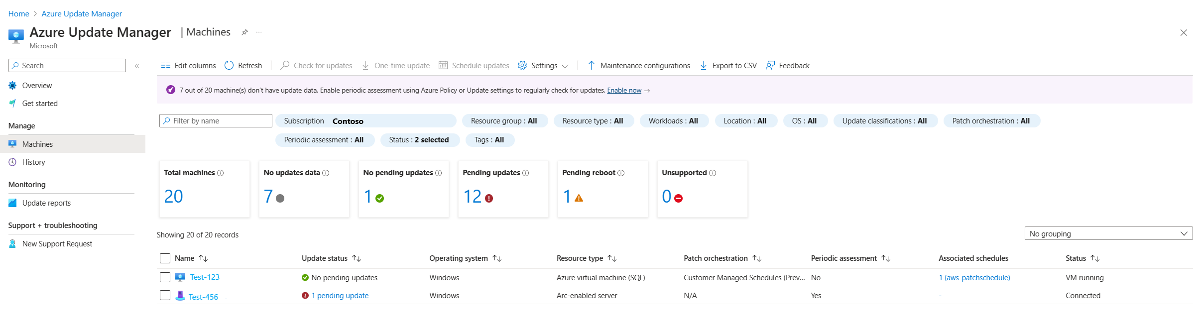 Screenshot of update management center(preview) Machines page in the Azure portal.