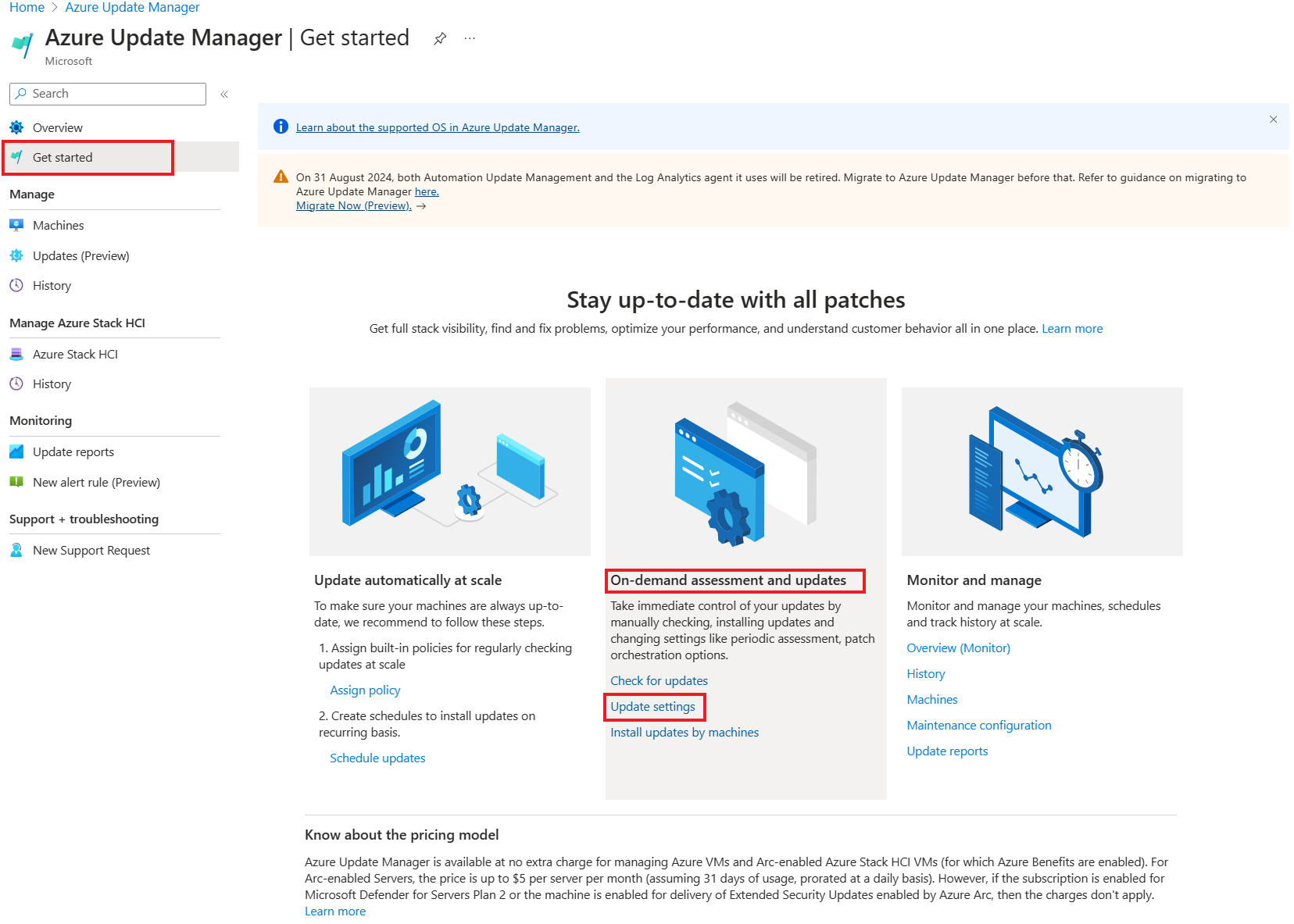 Screenshot that shows how to access the Update settings option to configure updates for virtual machines.