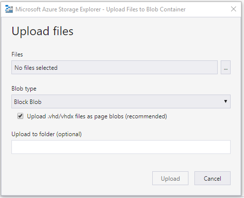 A screenshot of the Microsoft Azure Storage Explorer Tool's search window. The "Upload .vhd or vhdx files as page blobs (recommended)" check box is selected.