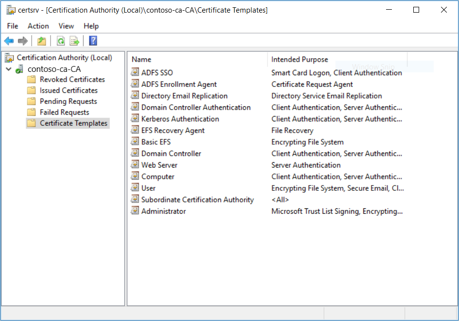 A screenshot showing list of certificate templates that can be issued, including the new ADFS Enrollment Agent and ADFS SSO.
