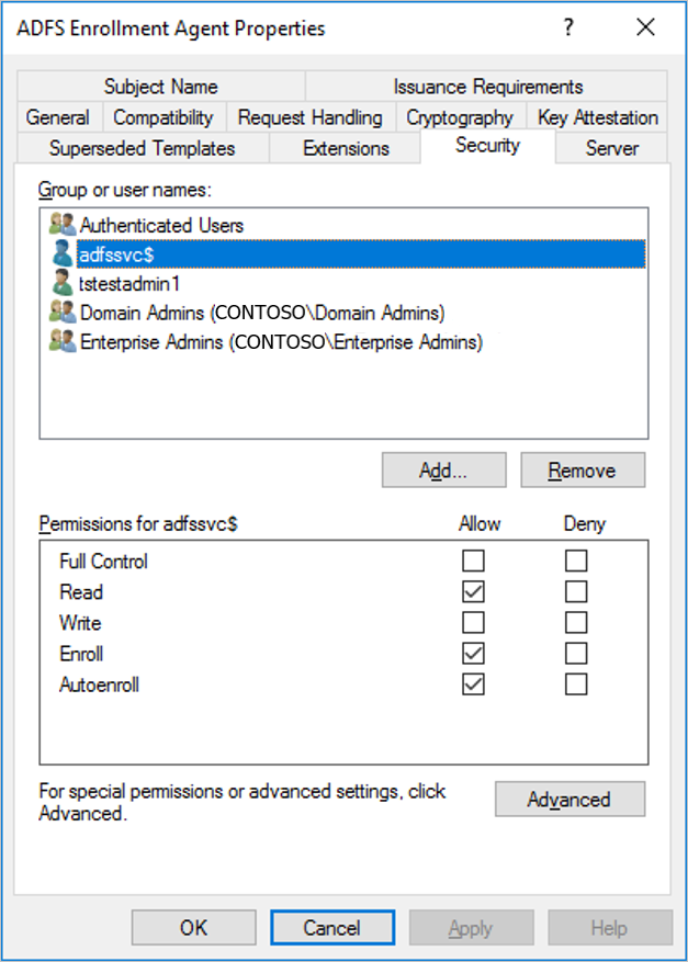 A screenshot showing the security tab of the Enrollment Agent certificate template after it is properly configured.