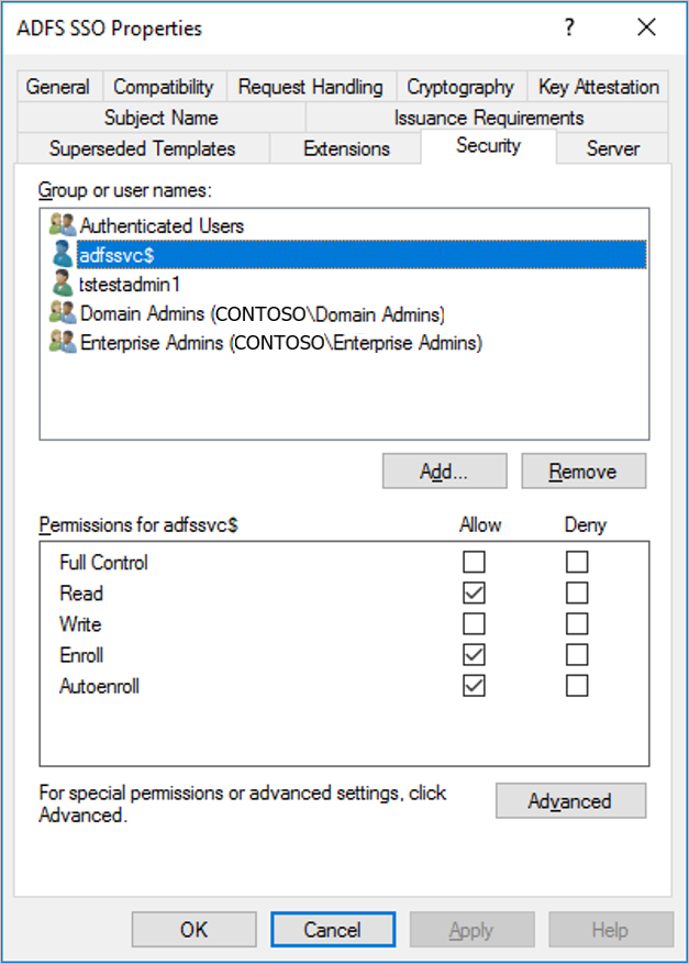 A screenshot showing the security tab of the SSO certificate template after it is properly configured.
