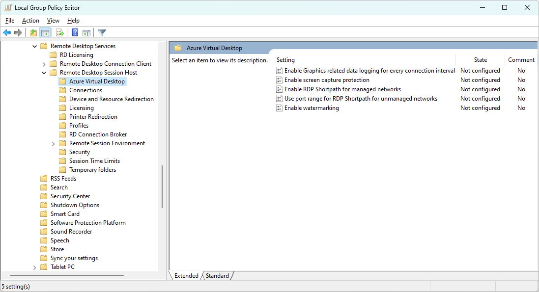 Screenshot of the Group Policy Editor showing Azure Virtual Desktop policy settings.