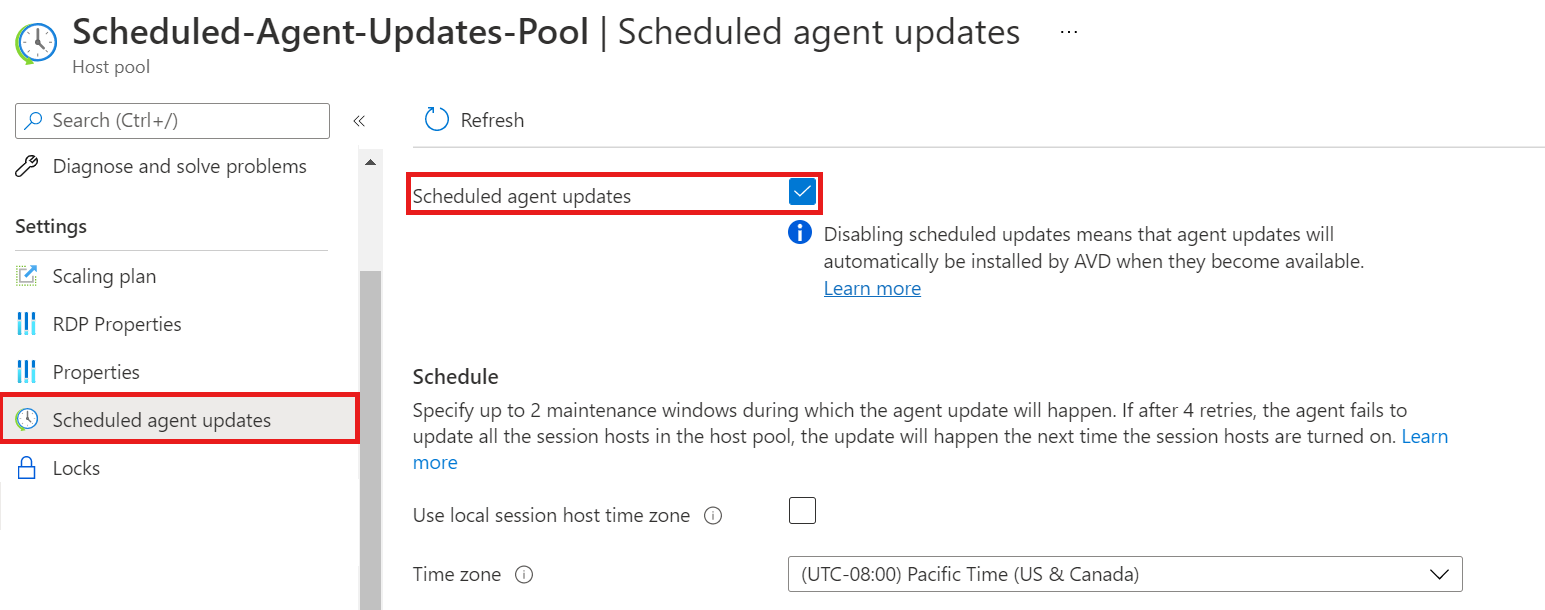 A screenshot showing the Scheduled Agent Updates options in the host pool table of contents and the checkbox for enabling Scheduled Agent Updates. Both are selected and highlighted with a red border.