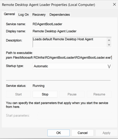 Screenshot of Task Manager showing the RDAgentBootLoader process running on the session host.