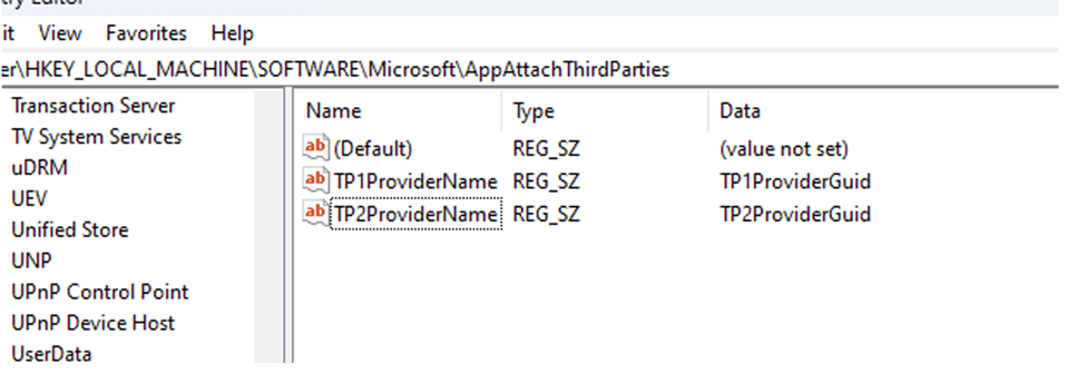 Screenshot of the registry editor showing the ETW provider registry path and key value pairs.