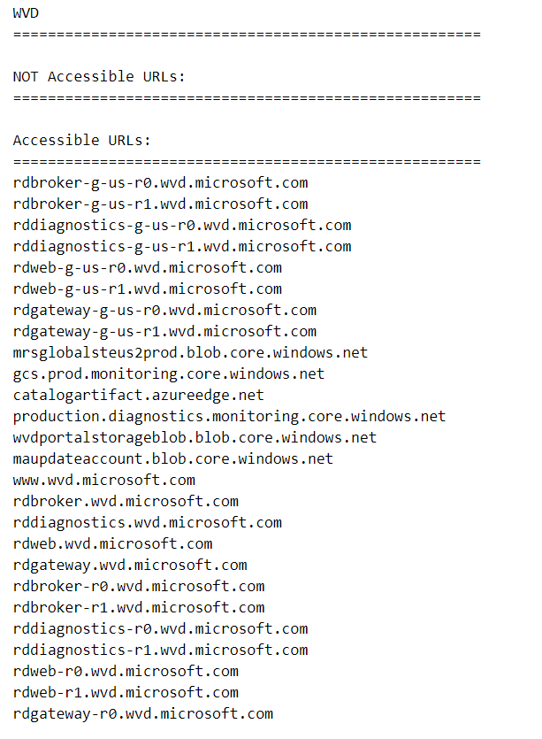 A screenshot of the Azure Virtual Desktop Agent URL Tool showing that all FQDNs and endpoints are accessible.