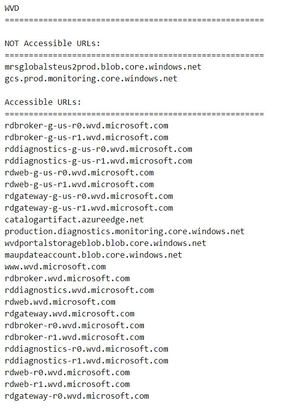 A screenshot of the Azure Virtual Desktop Agent URL Tool showing that some FQDNs are inaccessible.