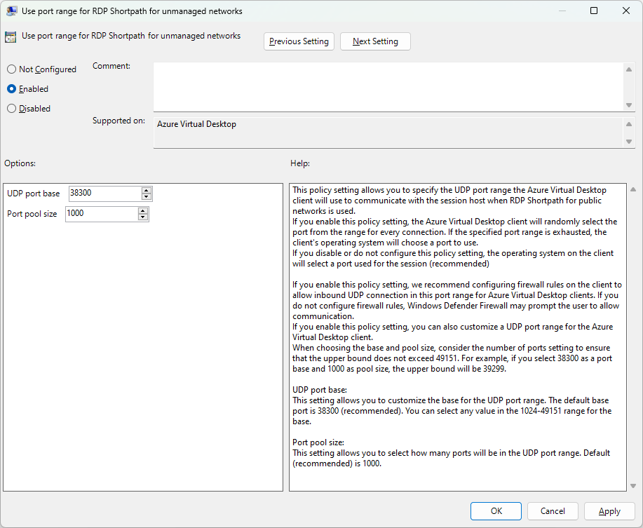 Screenshot of the Group Policy setting Use port range for RDP Shortpath for unmanaged networks.