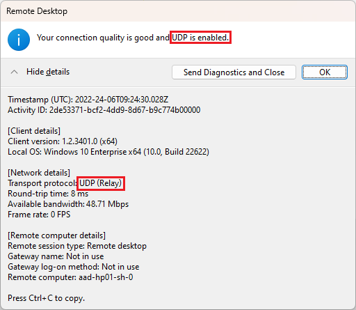 Screenshot of Remote Desktop Connection Info dialog when using TURN.
