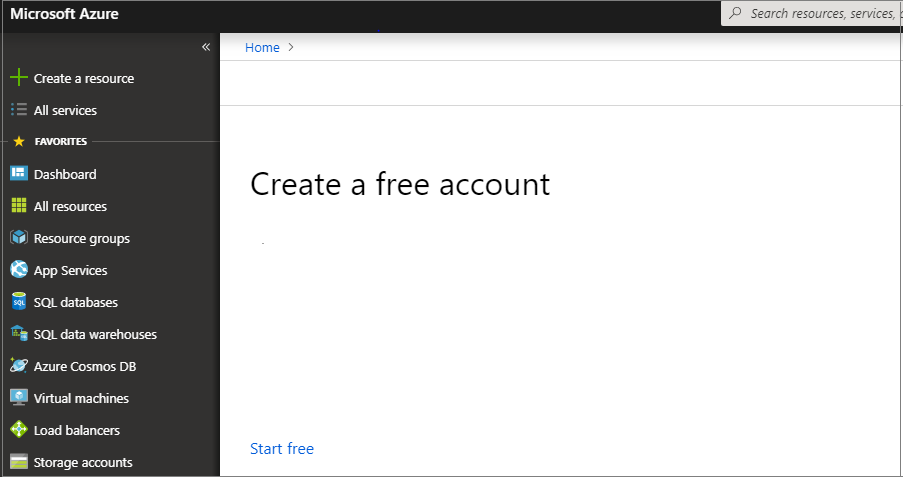 An image showing the Azure portal displaying the "Create a free account" message